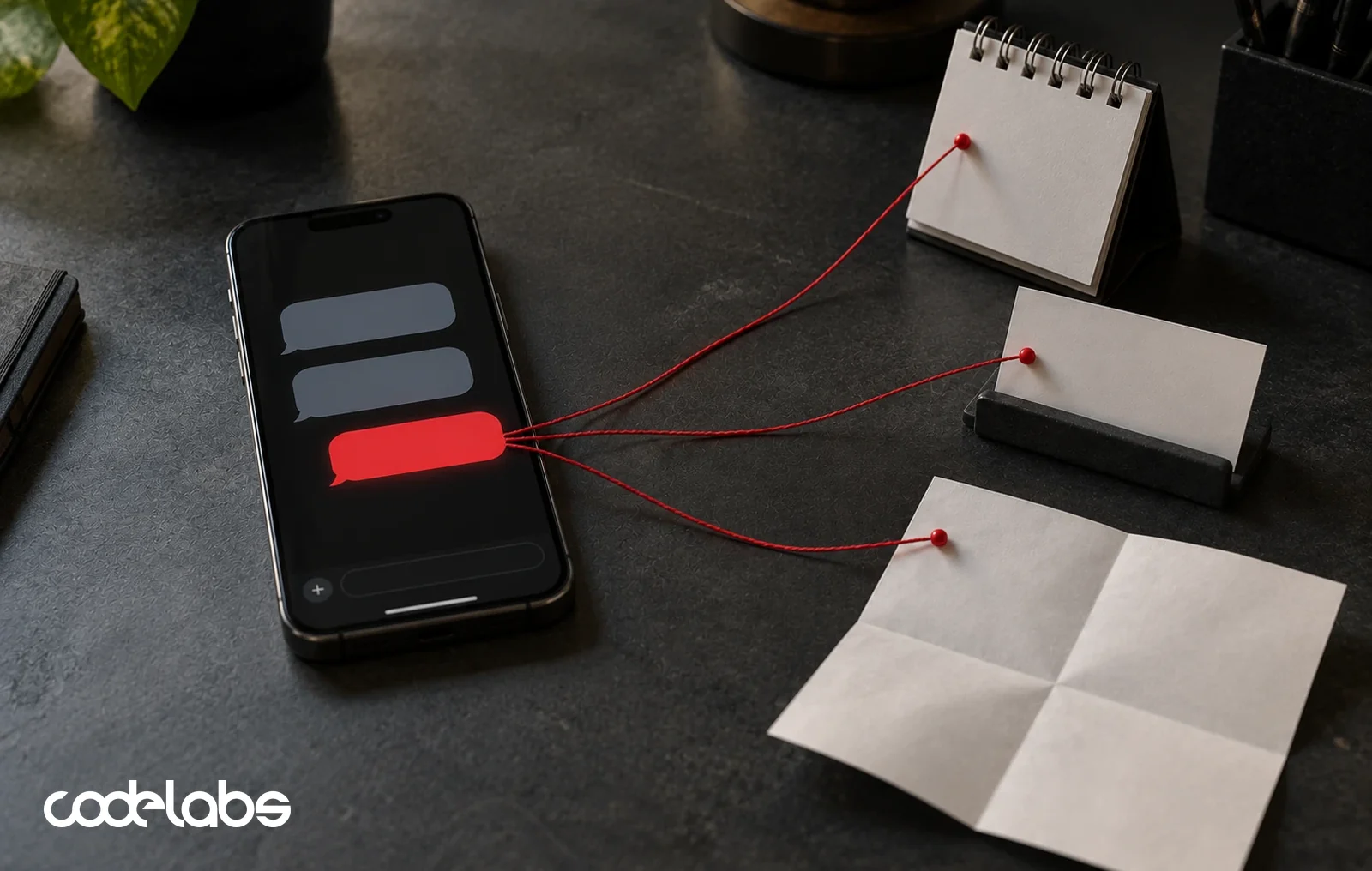 Smartphone on a dark desk with its last chat message in red, tied by red threads to a desk calendar, a contact card and a folded sheet of paper
