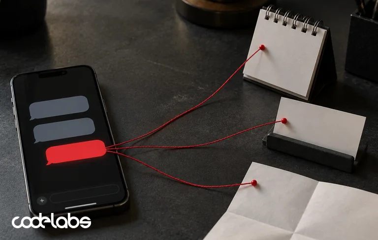 Smartphone on a dark desk with its last chat message in red, tied by red threads to a desk calendar, a contact card and a folded sheet of paper
