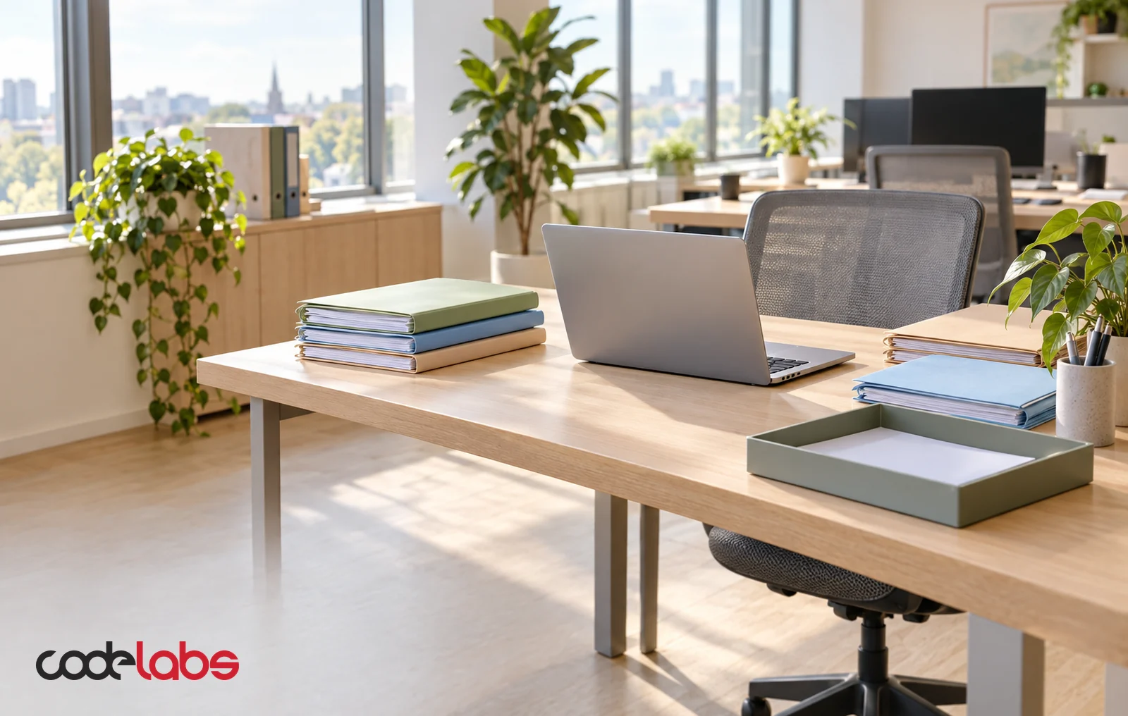 A bright, tidy office desk with a laptop, neatly sorted colour-coded folders and a nearly empty in-tray in morning daylight