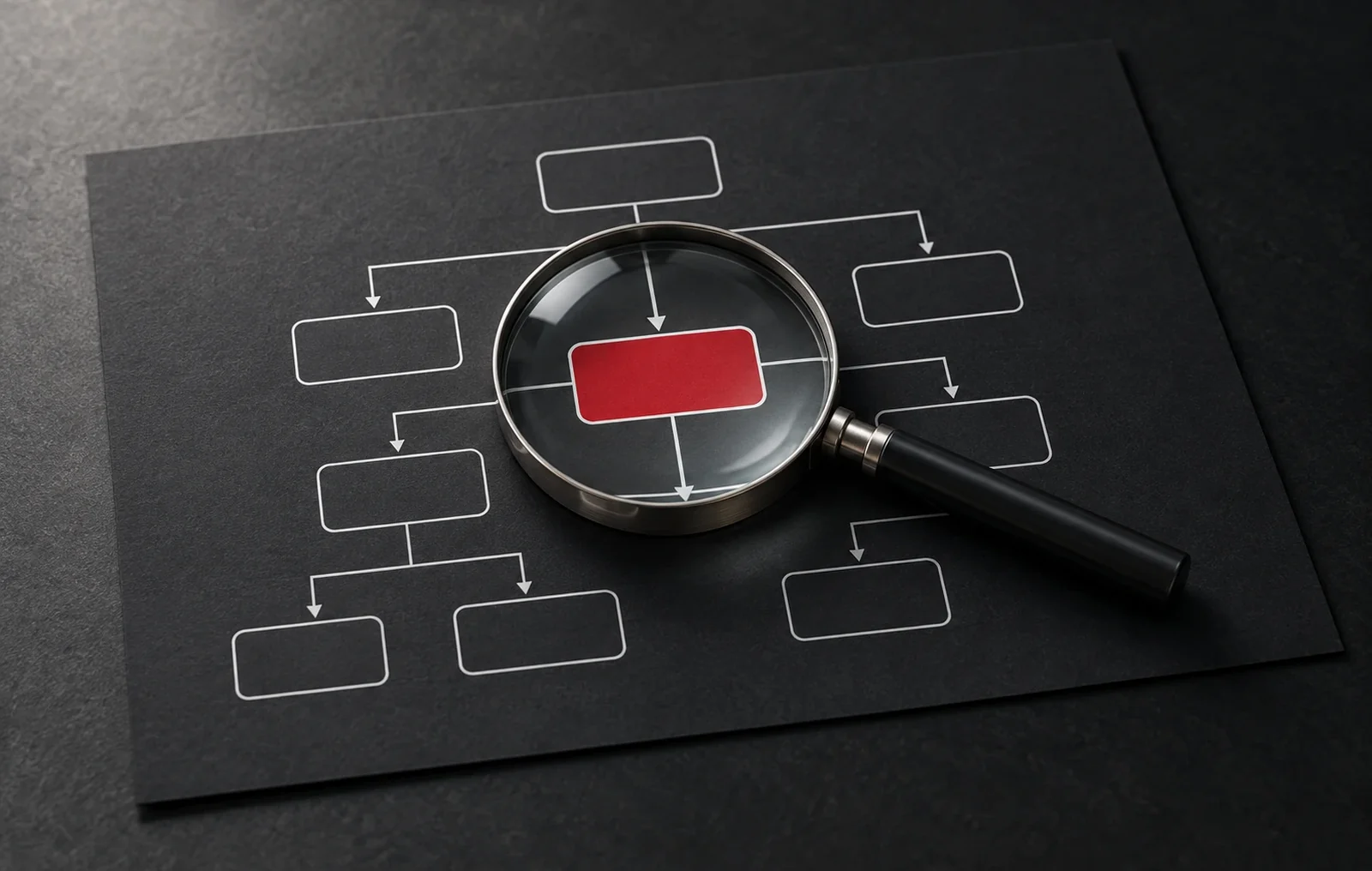 Magnifying glass resting on a flowchart drawn on dark paper, with one box under the lens highlighted in red