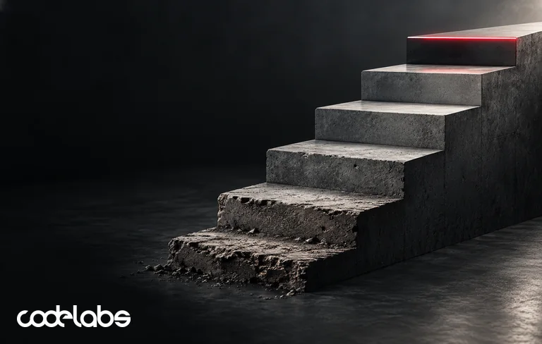 Six concrete steps rising in a dark studio, the lowest rough and crumbling and the top one smooth and polished with a red light along its edge