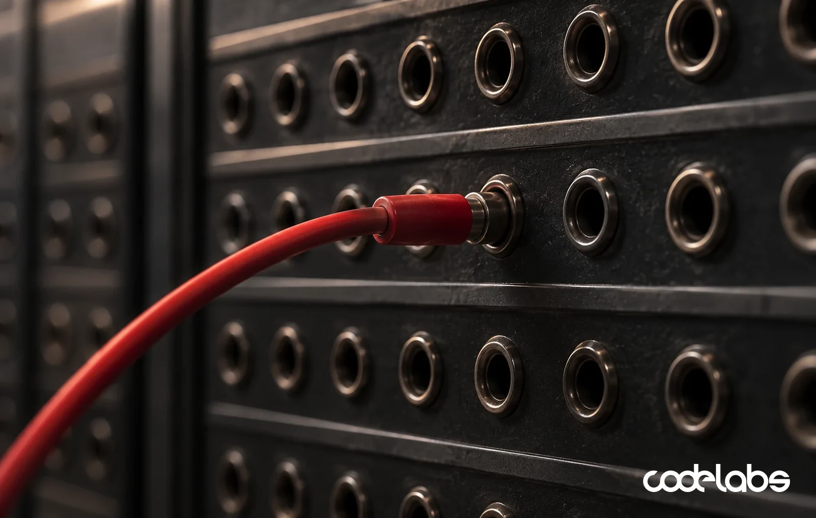A red patch cable plugged into one socket of a dark telephone switchboard, every other socket empty