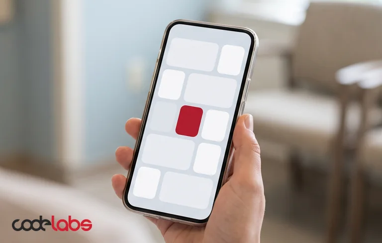 A patient in a clinic waiting area holding a phone that shows an appointment calendar with one slot in red