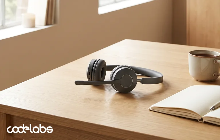 A headset resting on a wooden desk beside an open notebook and a cup of tea in a bright office