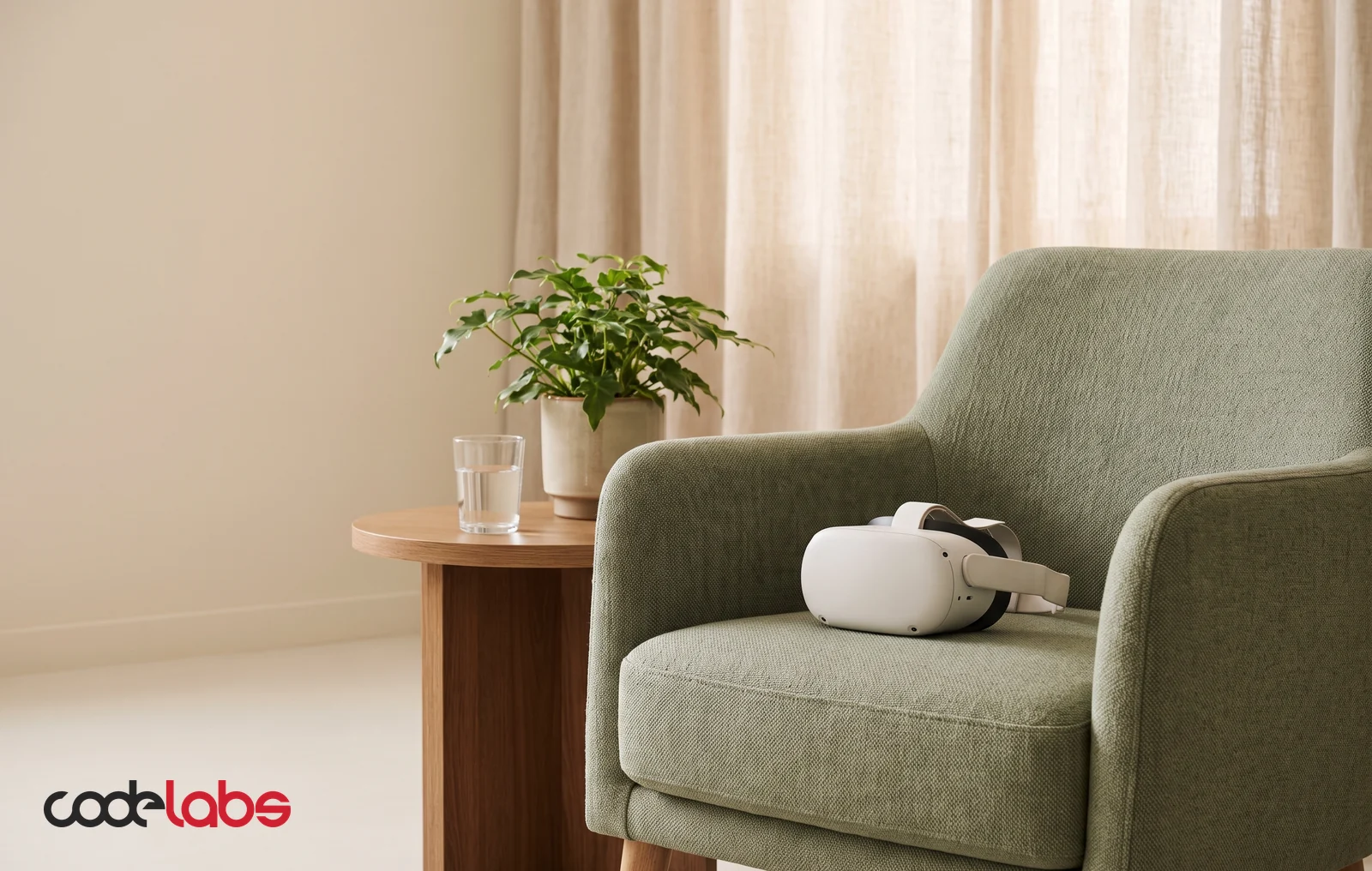 A white virtual-reality headset resting on a sage-green armchair in a calm, daylit therapy room