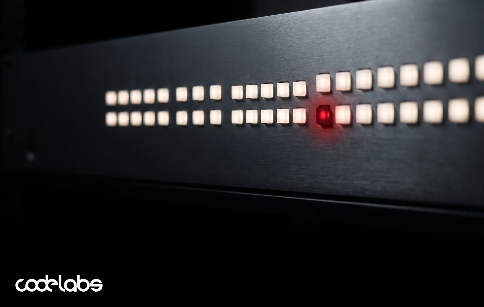 A row of white indicator lamps on a dark brushed-metal panel, with one lamp glowing red