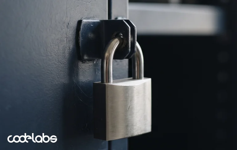 A steel padlock securing the latch of a dark navy metal cabinet