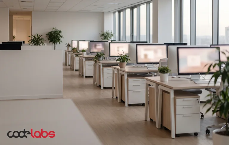 An empty open-plan software office in morning light, with rows of desks and monitors