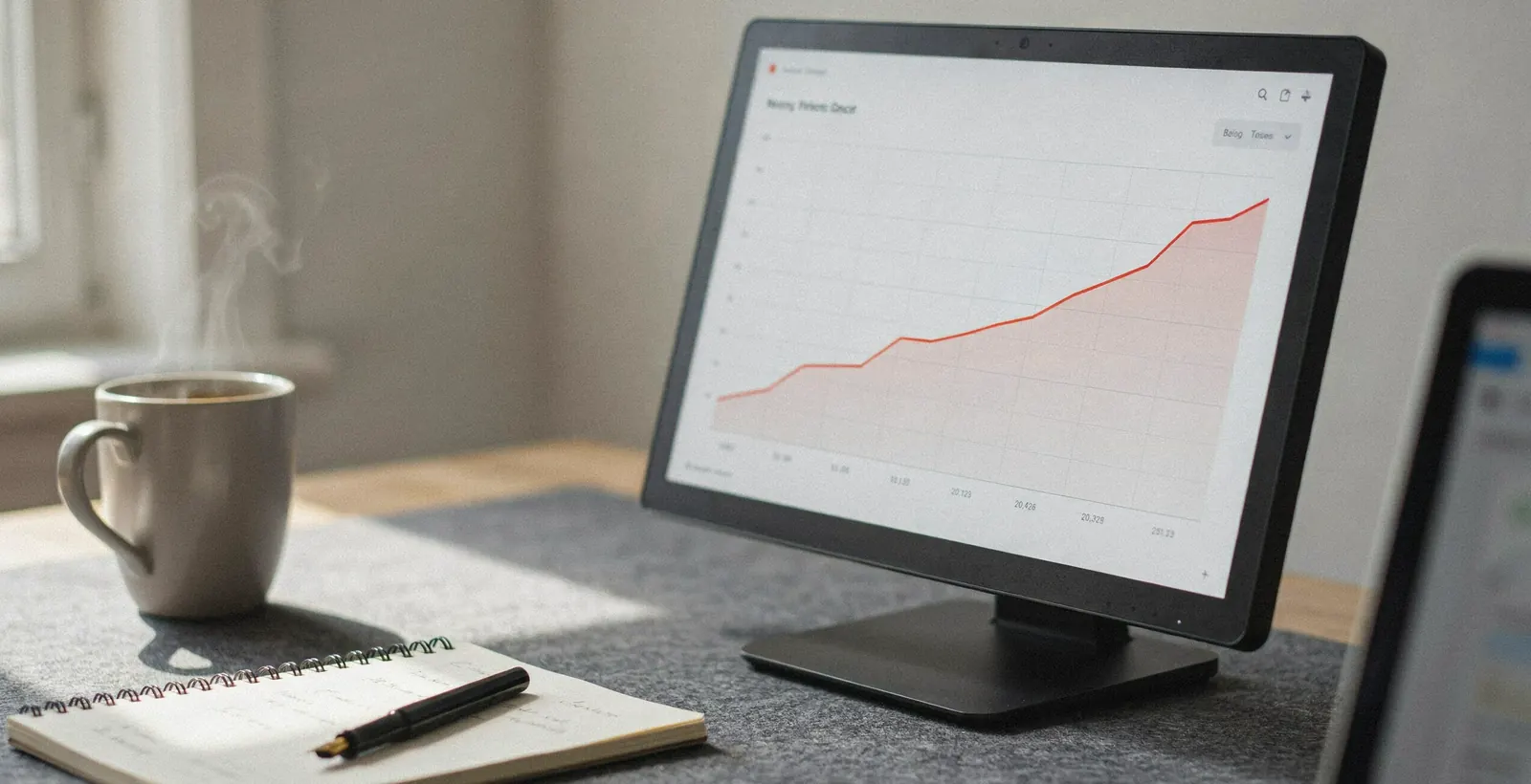 A desk in morning light: a monitor showing a search analytics chart climbing steadily from left to right, beside a notebook, pen and a cup of coffee