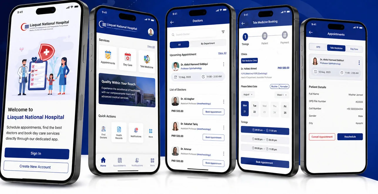 LNH Care app shown across five screens - sign in, services, doctor search, tele medicine booking and appointment management