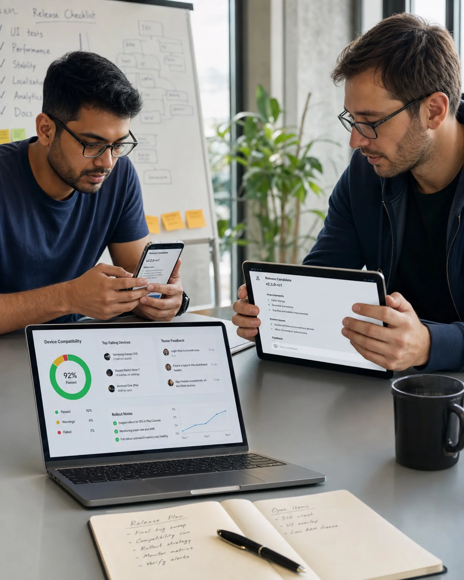 Team discussing an Android UI on a large monitor