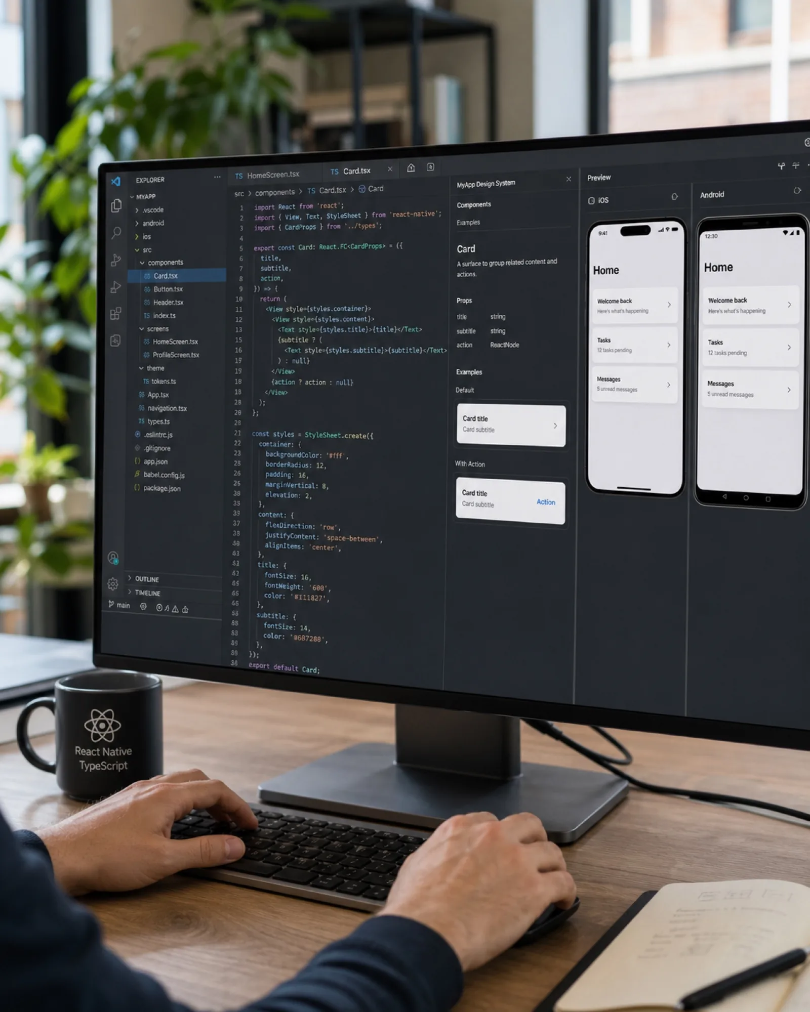 Developer working with cross-platform code on screen