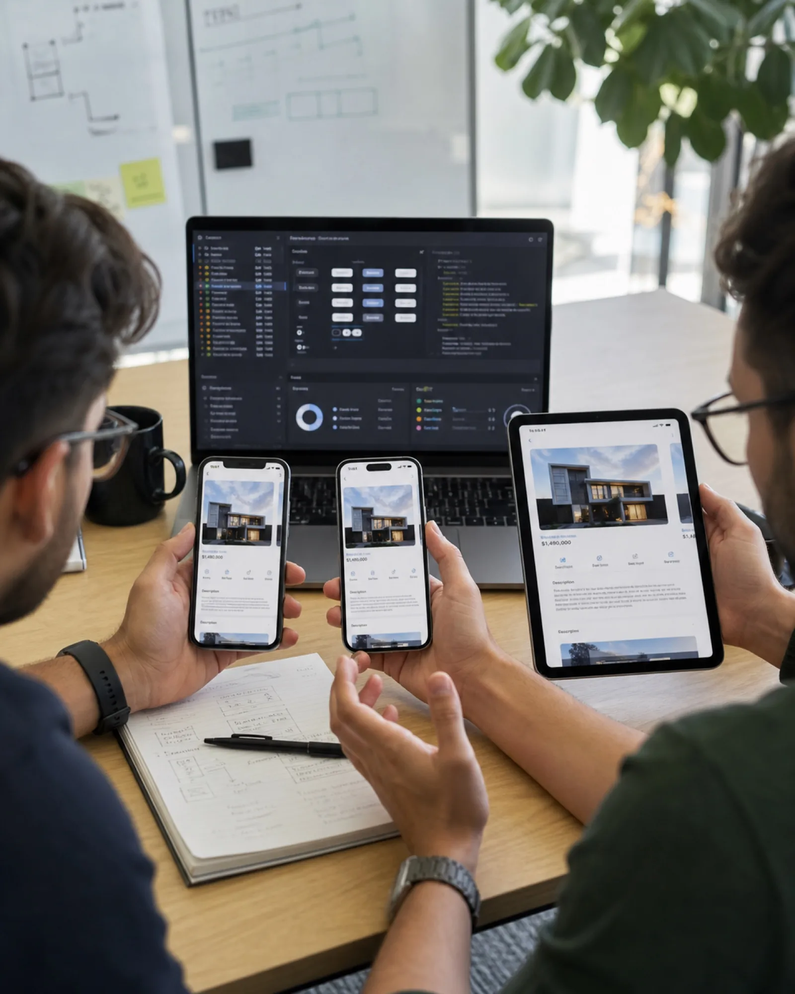 Team comparing app behavior across two devices