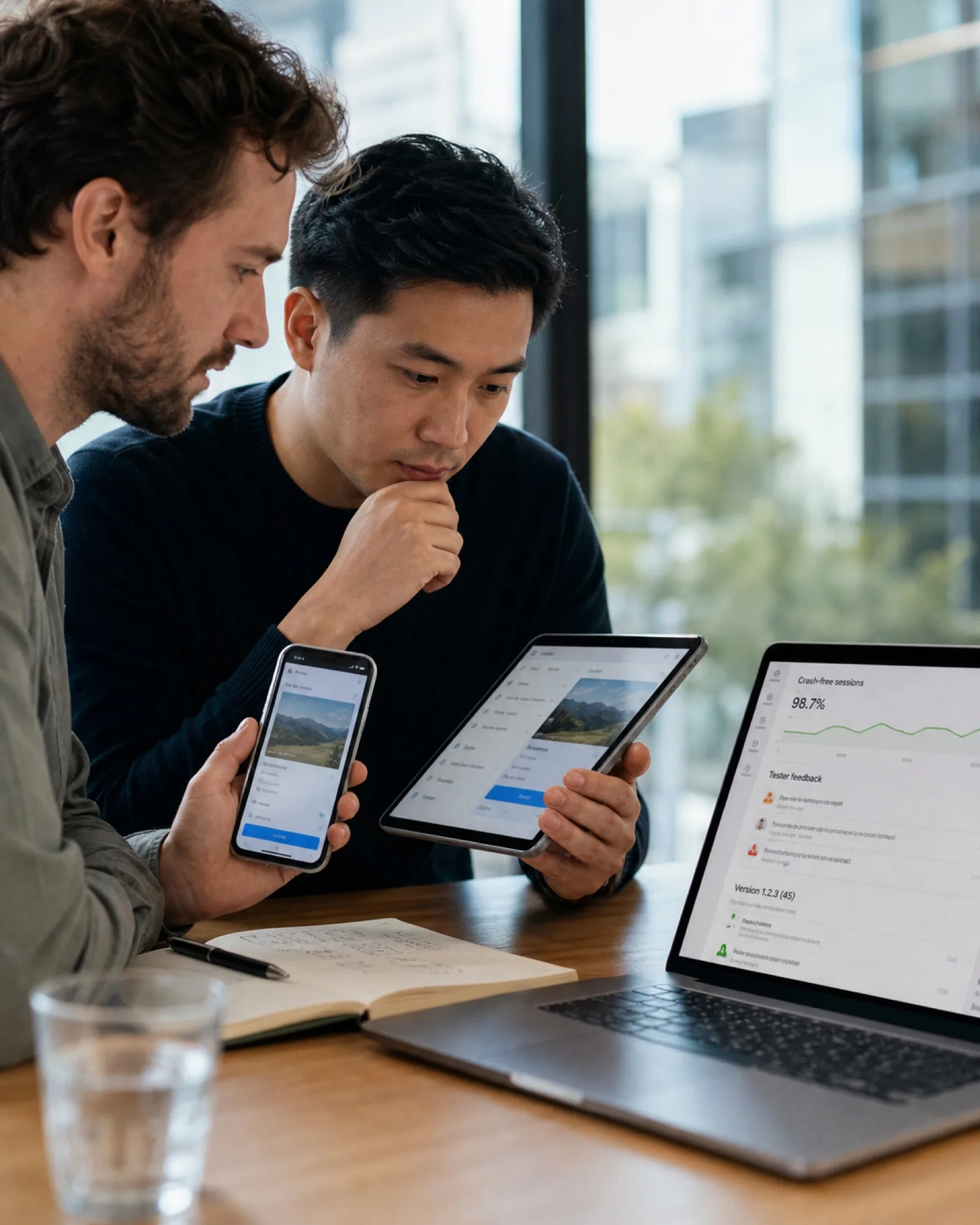 Team reviewing an iOS app mockup on a tablet