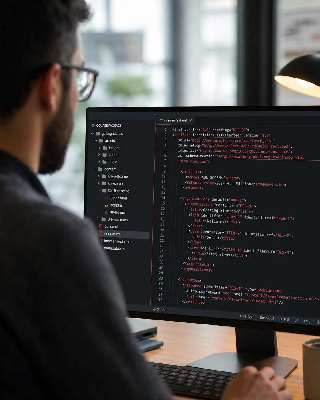 Developer inspecting a SCORM imsmanifest.xml file inside a course package