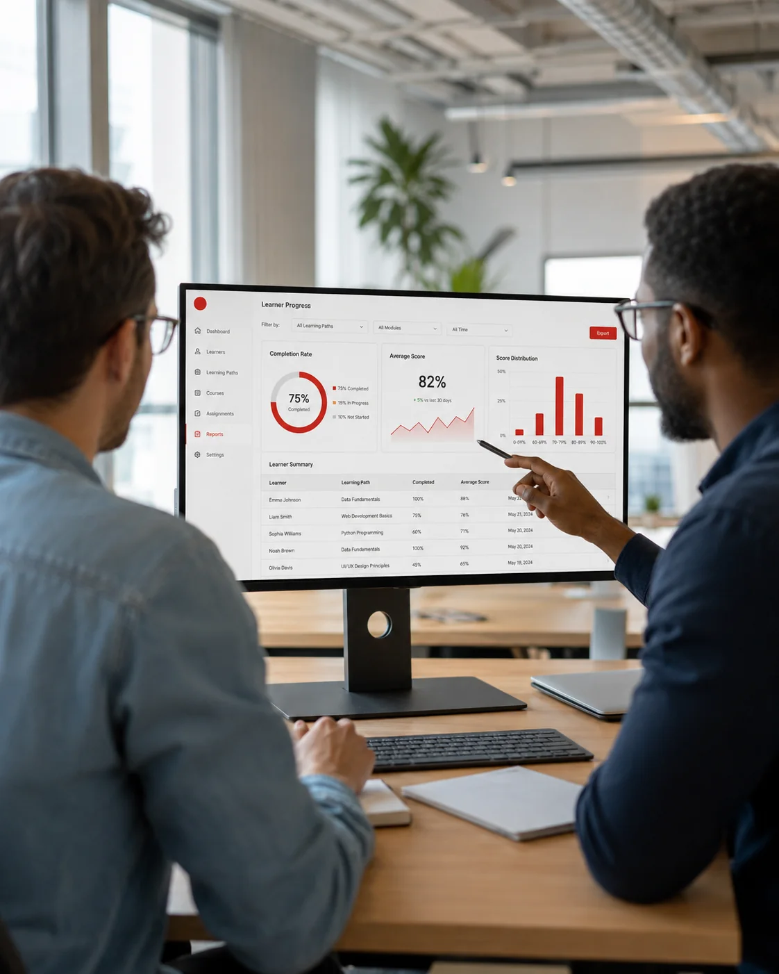 Two colleagues reviewing a learner progress and completion-rate dashboard