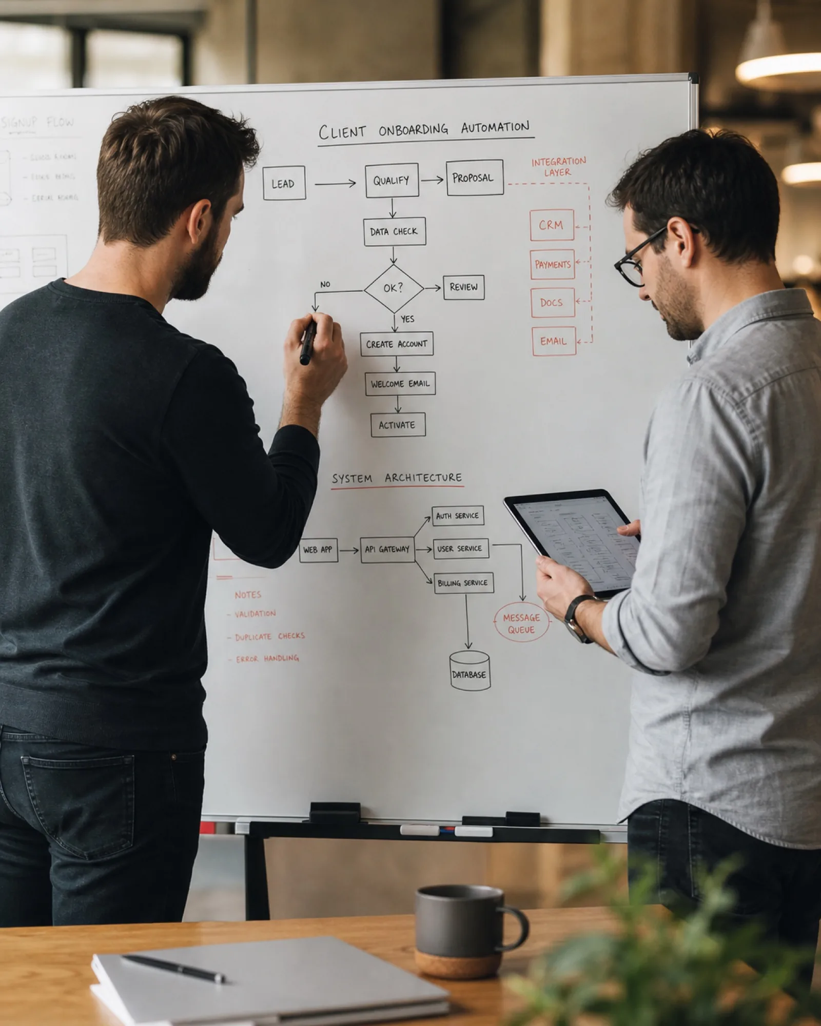 Team reviewing a system architecture diagram